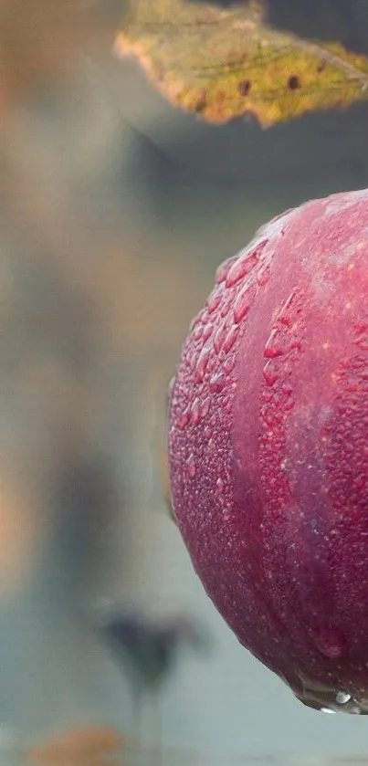 Close-up of a dewy red apple on a natural blurred background.