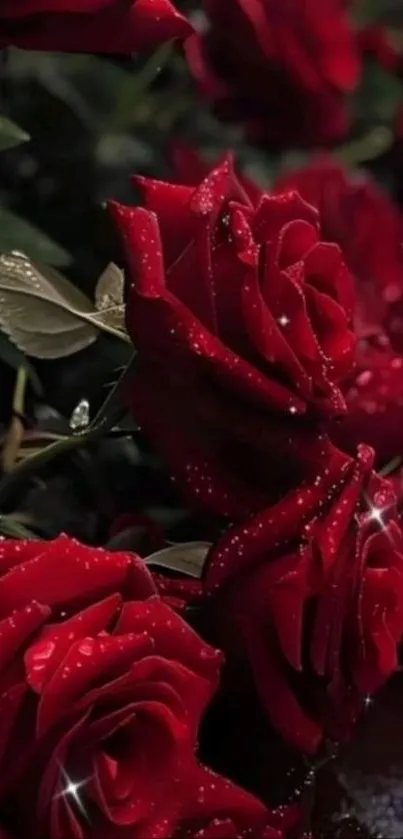 Close-up of dewy red roses with sparkling highlights.