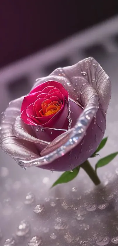 Close-up of a dewy rose with water droplets on petals.