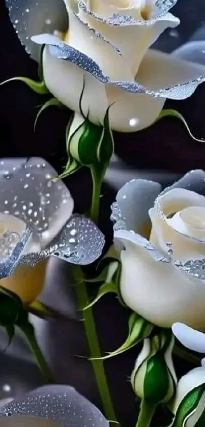 Mobile wallpaper of dewy white roses with elegant petals.