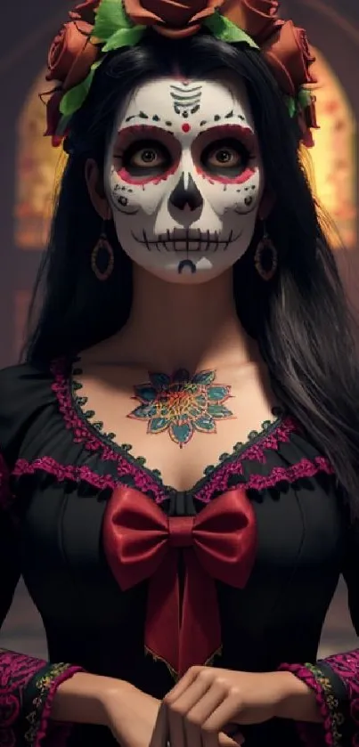 Elegant Día de los Muertos woman with sugar skull makeup and floral crown in dark attire.