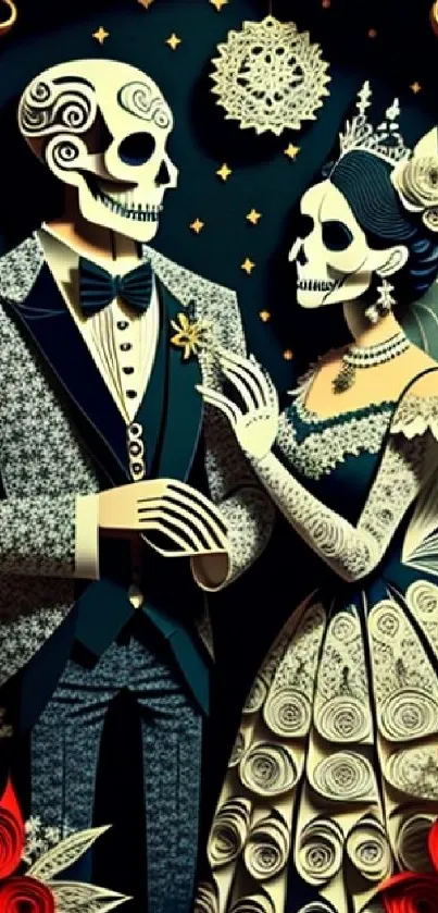 Elegant Dia de los Muertos paper art wallpaper with skeleton couple.