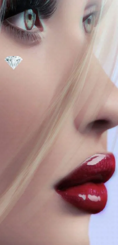 Elegant profile of woman with diamond under eye, red lips.