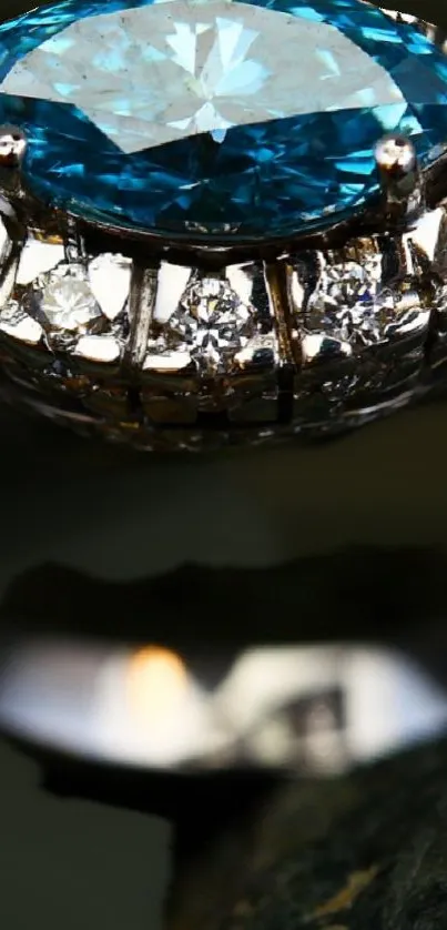 Close-up of a diamond and sapphire ring with luxurious details.