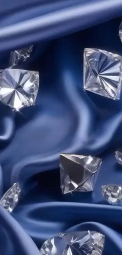 Floating diamonds on blue silk wallpaper.