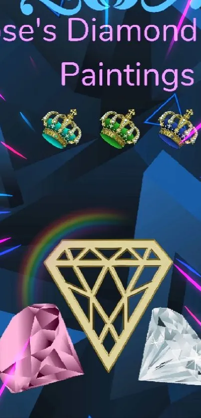 Mobile wallpaper showing artistic diamonds and crowns on a dark blue background.