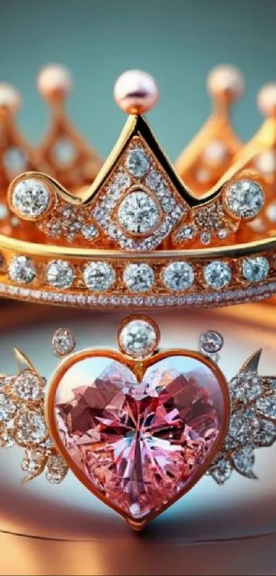 Diamond-studded crown and heart design wallpaper.