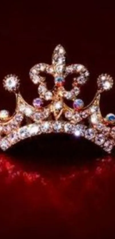 Luxurious diamond crown on dark red background.