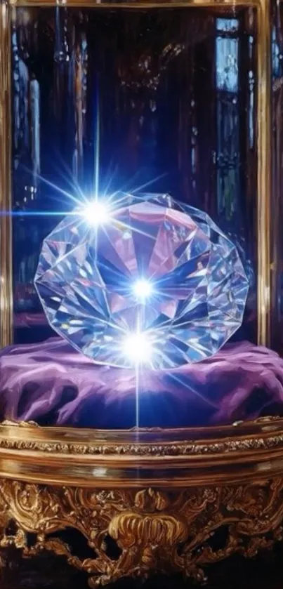 Luxury diamond in ornate golden frame display.