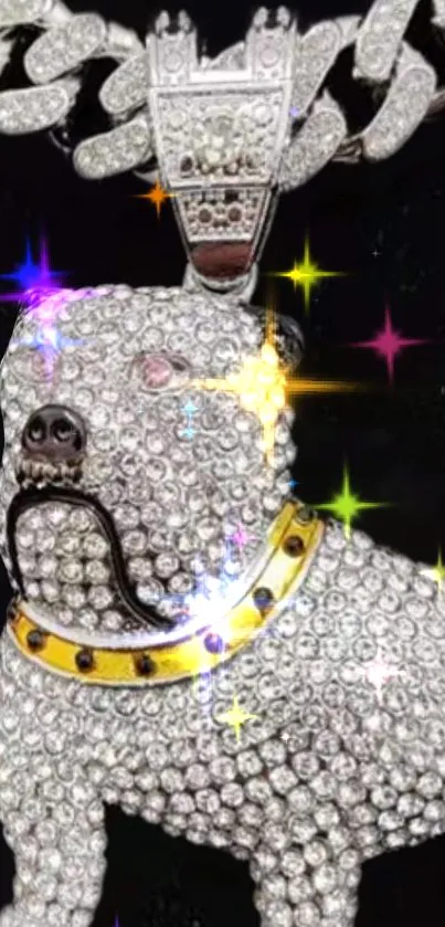 Diamond-encrusted dog pendant on silver chain.