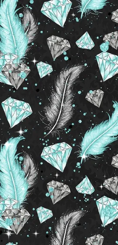 Mobile wallpaper with diamonds and feathers on a dark background.