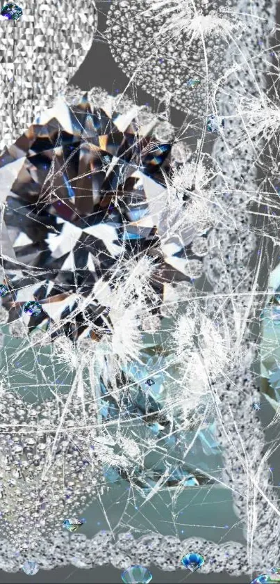 Elegant diamond and gemstone wallpaper with sparkling crystals and gray background.