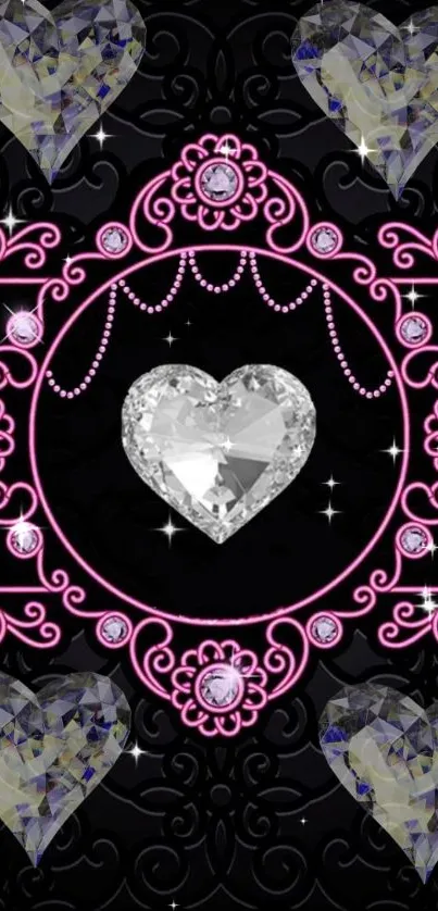 Elegant black wallpaper with diamond heart and pink designs.