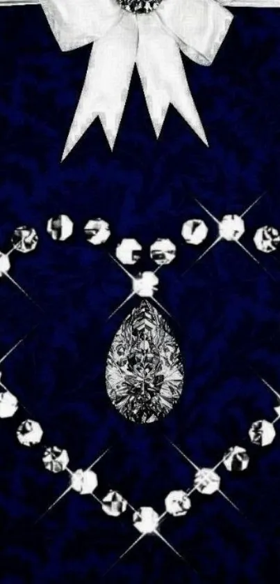 Dark blue wallpaper with jewels and a decorative white bow.