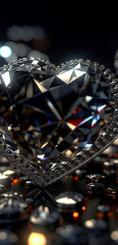 Sparkling diamond heart with a dark luxurious background.