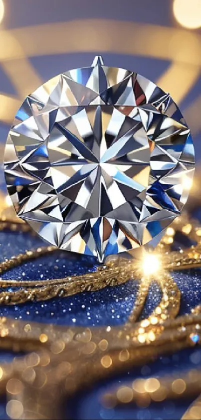 Elegant diamond on blue and gold background mobile wallpaper.