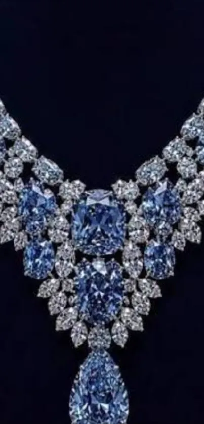 Sparkling blue diamond necklace on dark blue background.