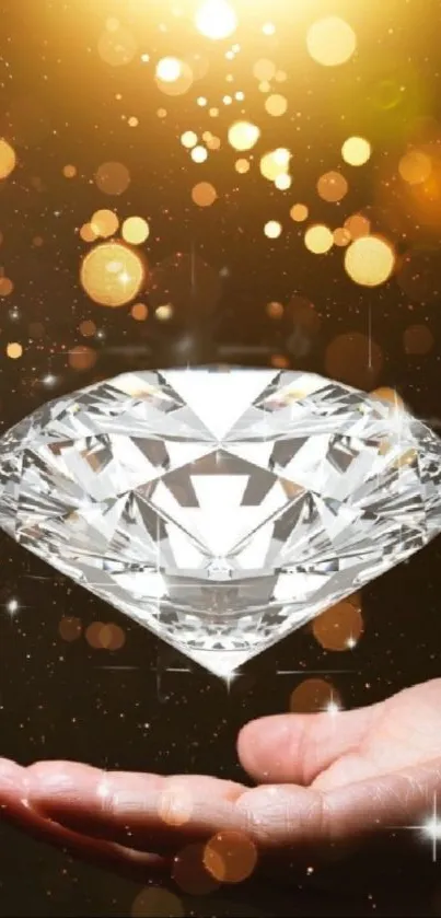 Mobile wallpaper with diamond over hand, sparkling bokeh background.
