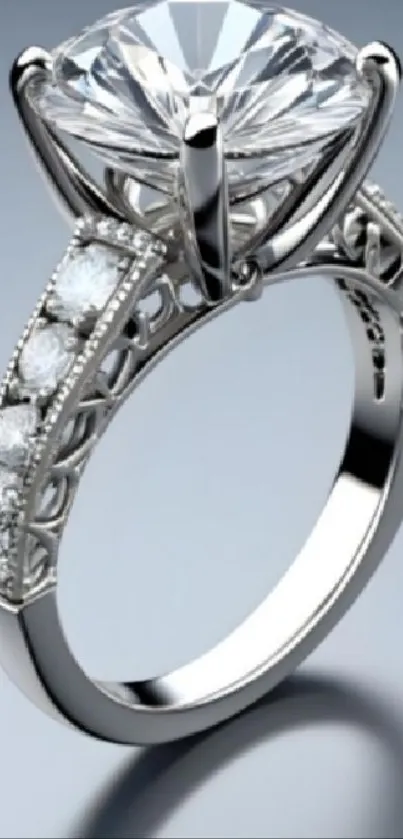Close-up of a diamond ring with intricate details.