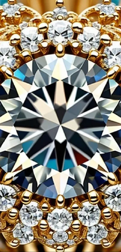 Close-up image of a diamond ring with gold and sparkling gems.