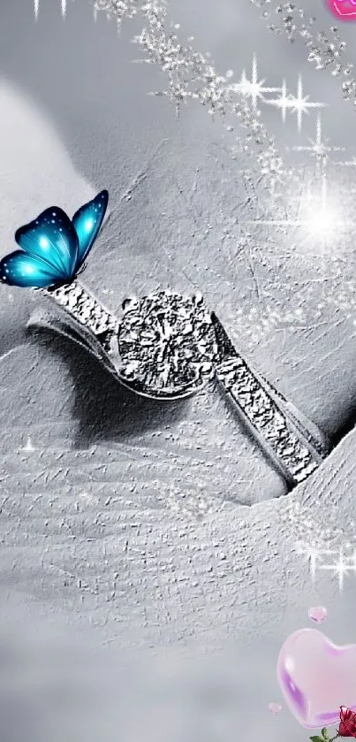 Elegant diamond ring with butterfly and sparkles.