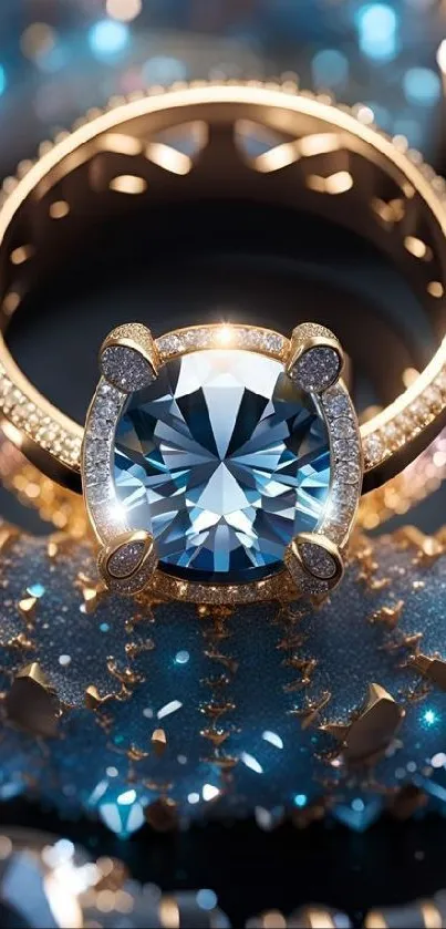 Elegant diamond ring with sparkling gold and blue accents.
