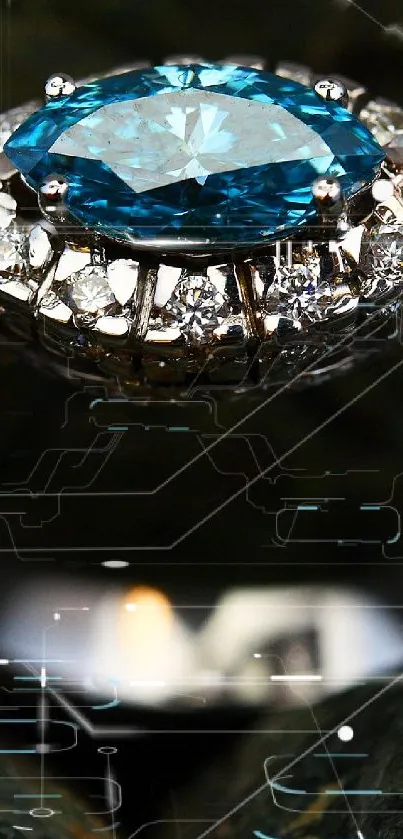 Diamond ring with blue gemstone on dark background.