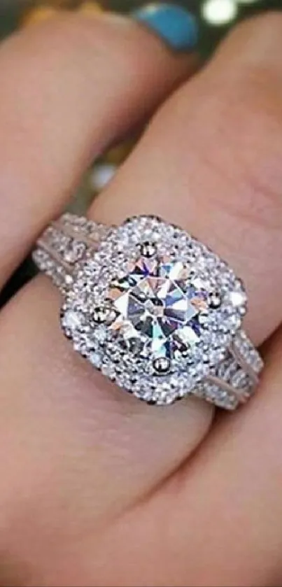 A stunning diamond ring close-up on hand.