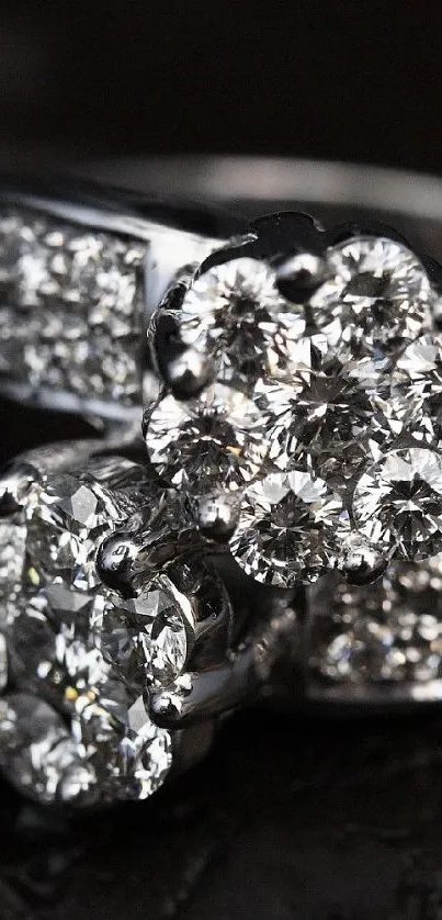 Elegant diamond ring with sparkling gems set on dark background.