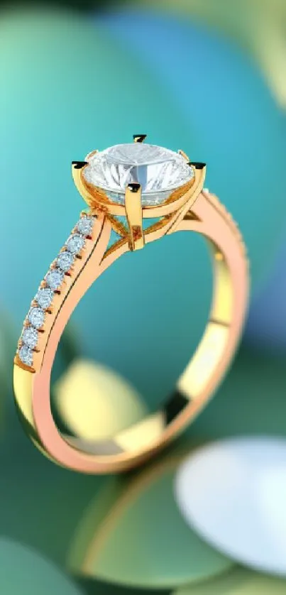 Elegant gold diamond ring with blurred background.