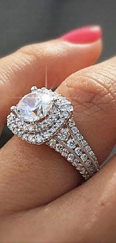 Elegant diamond ring showcased on a finger.