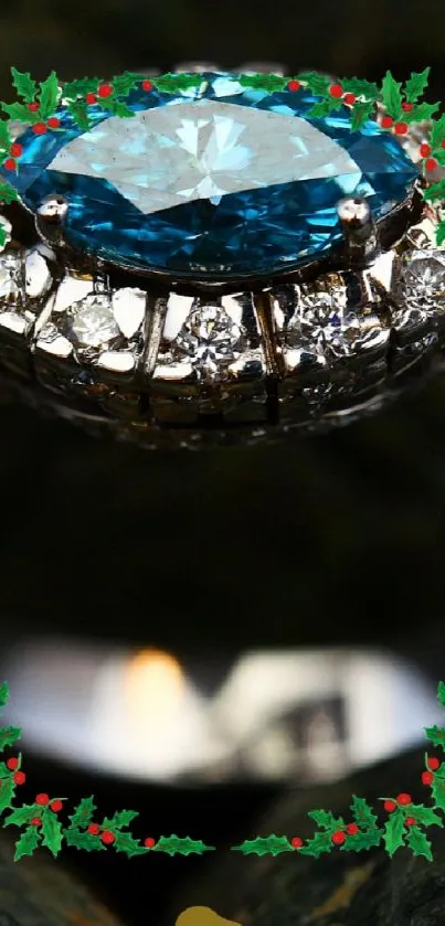 Elegant diamond ring with emerald accents on a stone background.