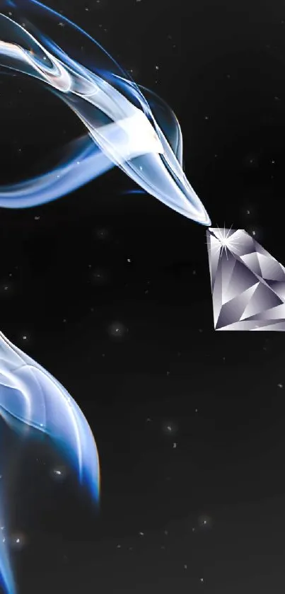 Elegant diamond floating in blue smoke on a black background.