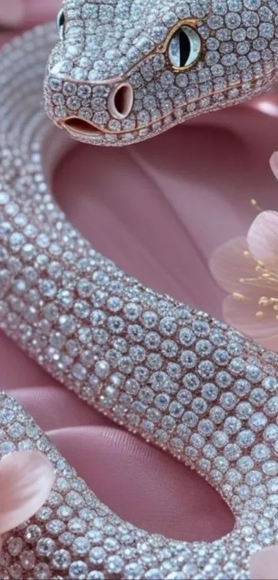 Diamond-encrusted snake with cherry blossoms on pink background.