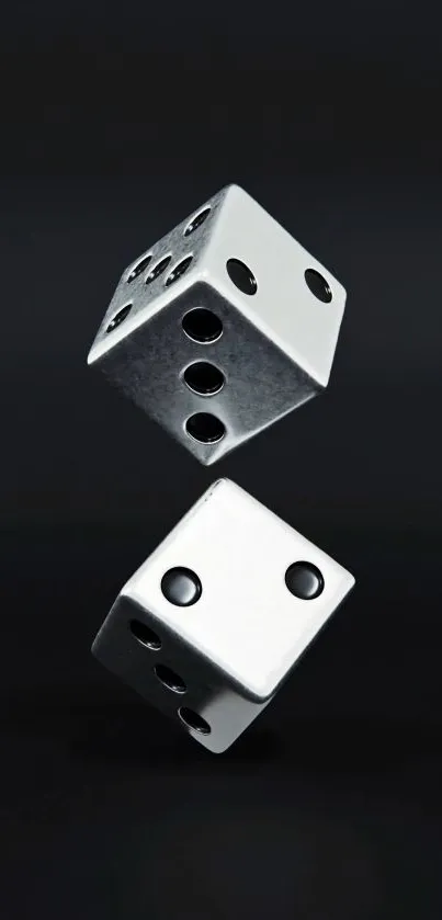 Metallic dice floating on black background wallpaper.