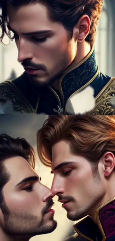 Elegant digital art of two regal men facing each other, exuding romance and sophistication.