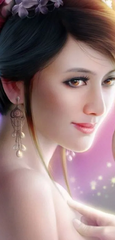 Elegant digital art of a serene woman with vivid colors, perfect for wallpaper.