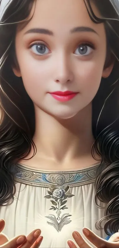 Elegant digital art of a serene female character with glowing features.