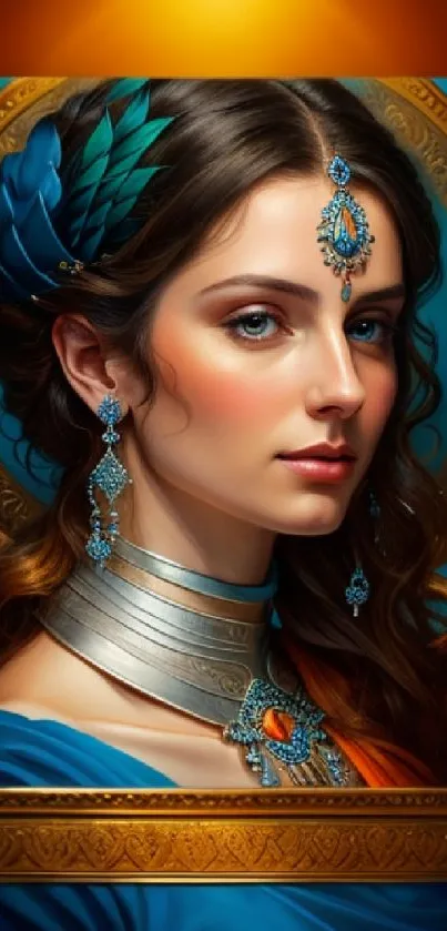 Elegant woman portrait with jewelry and blue feathers in digital art style.