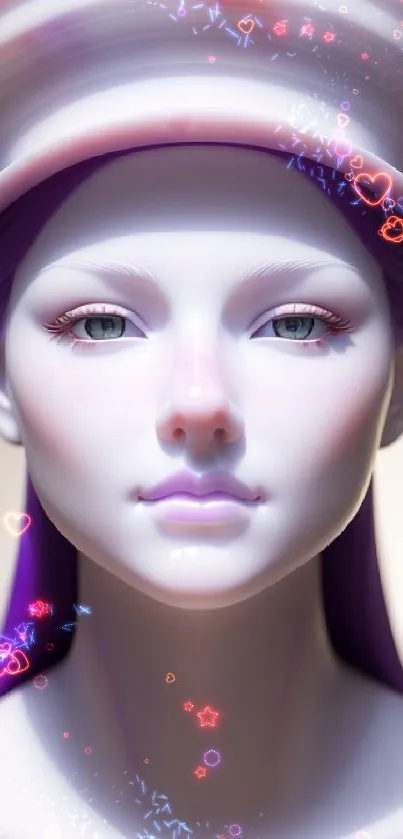 Futuristic digital art wallpaper of a humanoid with lavender hues.