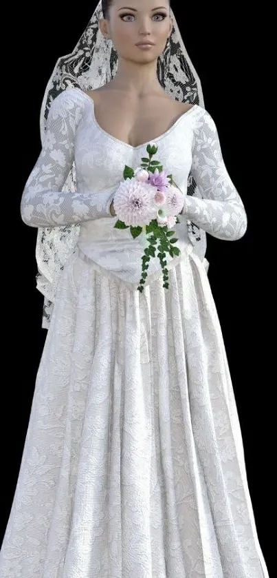 Elegant bride in lace gown with bouquet on black background.