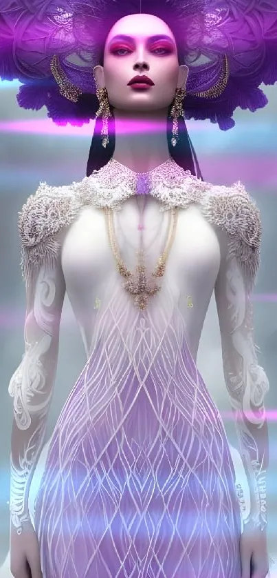 Digital fantasy art of a poised figure with a purple headdress.