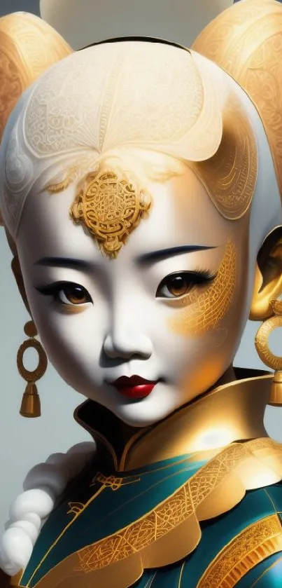 Elegant digital geisha artwork with gold details and traditional attire.