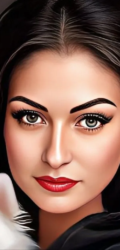 A digital artwork of a woman with striking features and dark hair.