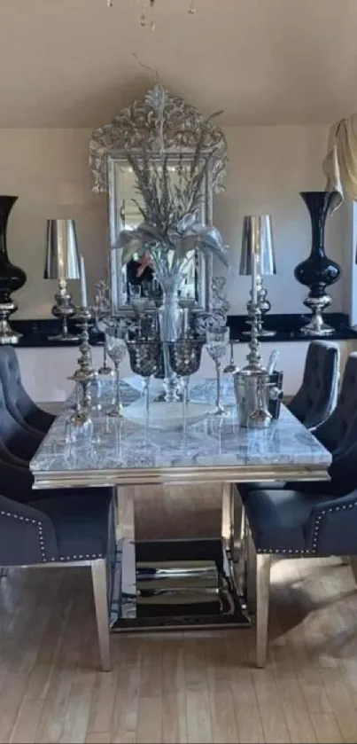 Elegant dining room with chandelier and stylish decor.