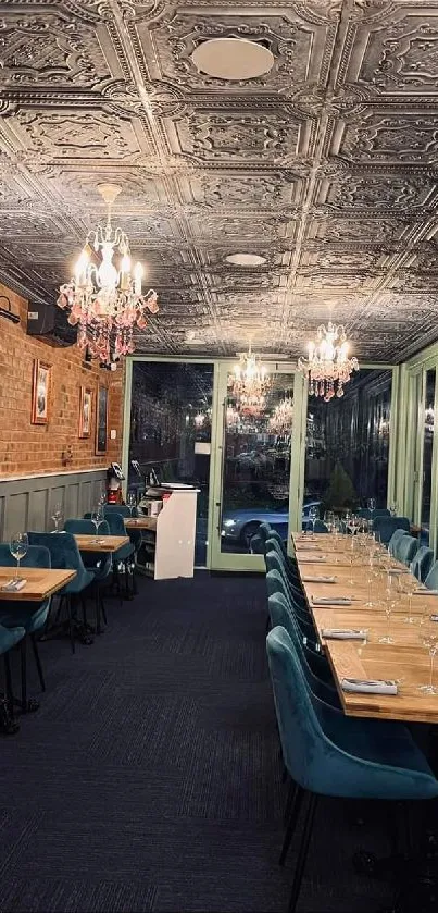 Elegant dining room with chandeliers and brick wall.