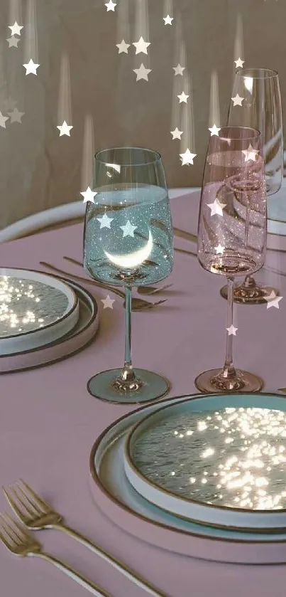 Elegant dining setup with wine glasses and pastel hues in wallpaper.