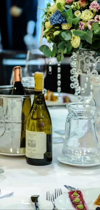 Elegant dining table with wine and flowers.