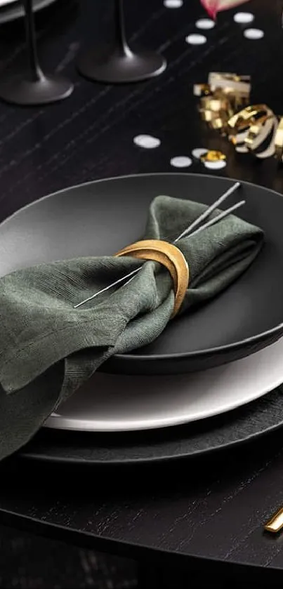 Elegant table setup with black dishes and gold cutlery.