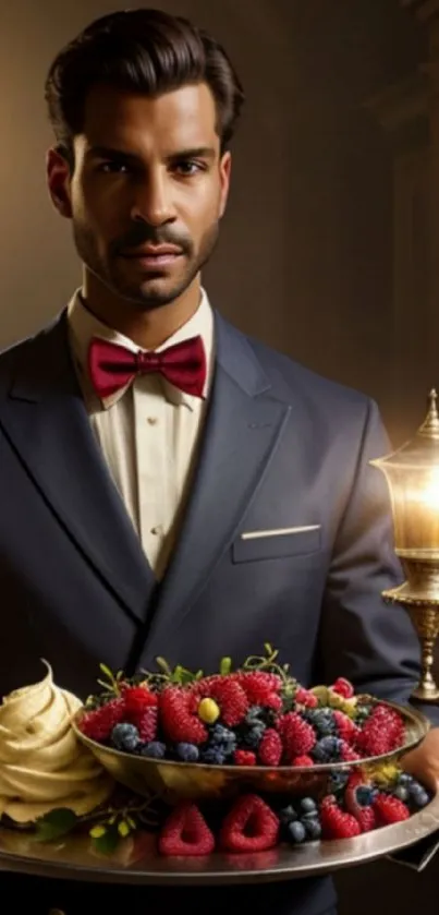 Man in navy suit holding dessert platter at elegant dinner setting.